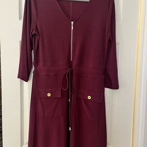 Nina Leonard Burgundy Long Sleeve Dress with Zip Detail